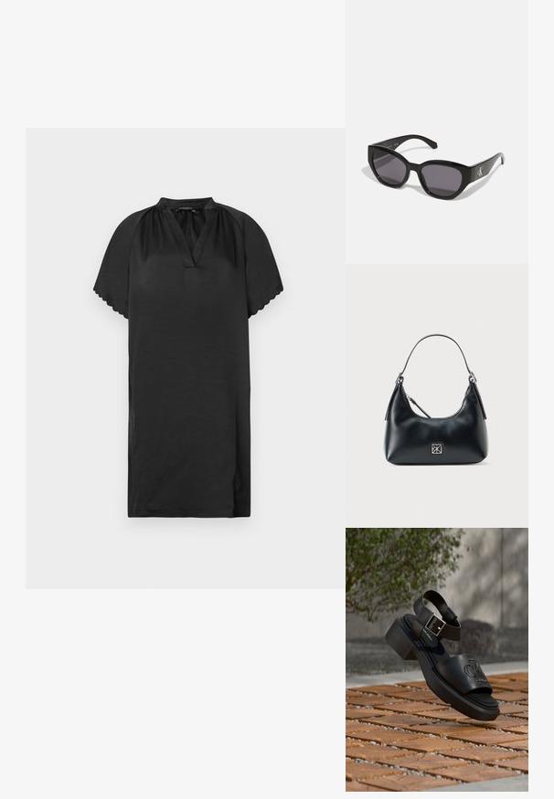 Kort sort kjole lavet af blødt stof med v-hals og bølgede ærmekanter. Designet har en enkel, løs pasform.; Sort læder-sandal fra Calvin Klein med ankelrem og spænde, der svæver over et udendørs gulv af træ og stentegl.; Sorte solbriller med et strømlinet, vinklet design, mørke linser og et kontrasterende sølvlogo på siden. Glat plastoverflade.; Sort læder skuldertaske med et enkelt håndtag, lynlåslukning og et lille kvadratisk sølvlogo på forsiden.