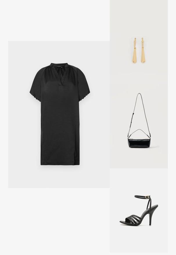 Vestido negro corto hecho de una tela suave con escote en V y bordes de las mangas con forma de concha. El diseño presenta una silueta simple y holgada.; Sándalo negro de tacón alto con tiras delgadas, abierto por delante y con un acabado liso. Presenta un tacón esbelto y un diseño de tira texturizada.; Bolso cruzado rectangular de cuero negro con correa de hombro ajustable, cremallera superior y pequeño logo dorado de Calvin Klein en el frente.; Pendientes colgantes en tono dorado con colgantes alargados y suaves en forma de lágrima, colgando de cierres de aros pequeños sobre un fondo blanco.