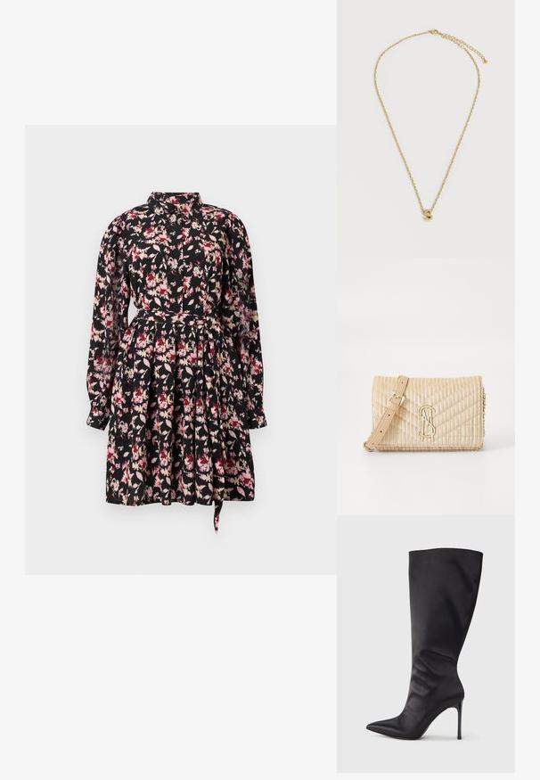Floral dress met een zwarte basis, voorzien van roze en crèmekleurige patronen, lange mouwen, een kraag en een taille die is getailleerd met een uitlopende rok.; Zwarte kniehoge stiletto laars gemaakt van glad, glanzend materiaal; puntige neus; aansluitende pasvorm met subtiele plooien bij de enkel; glanzende hak.; Beige gewatteerde handtas met een gouden hardware-logo, textuur oppervlak en een afneembare schouderriem. Beschikt over een kettingaccent voor extra detail.; Delicate gouden ketting met verstelbare sluiting en een kleine gouden hanger met de letter "S" gecentreerd op een witte achtergrond.