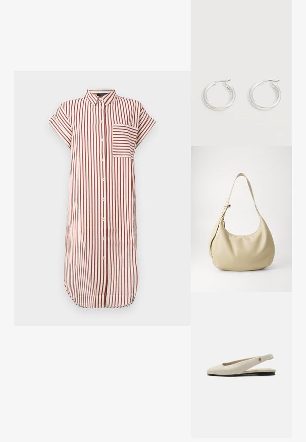 Vestido de camisa a rayas rojas y blancas con cuello, mangas cortas, un bolsillo en la parte delantera y cierre de botones, hecho de tela ligera.; Zapato plano slingback de cuero color crema con puntera redondeada y pequeño emblema dorado en la correa.; Bolso de hombro de cuero beige con forma curva, correa ajustable y detalle de logo en relieve, que presenta una textura suave y un diseño minimalista.; Par de pendientes de aro plateados brillantes de tamaño mediano con cierres metálicos finos sobre un fondo neutro claro.