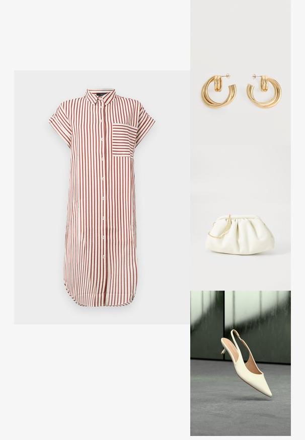 Rødt og hvidt stribet skjortekjole med krave, korte ærmer, en frontlomme og knaplukning, lavet af letvægtsstof.; Beige slingbacks til kvinder med spids tå og lav kitten-hæl, der svæver over en grå gulv med en sløret mørk baggrund.; Hvid læderhåndtaske med en samlede design, forsynet med en guldkæde-strop og en rund form. Glat tekstur med bløde folder og ingen mønstre.; Par af skinnende gyldne dobbelt loop øreringe med stift-lukning på hvid baggrund.