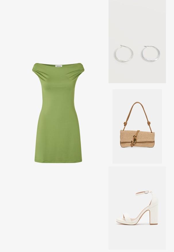 Robe verte à épaules dénudées en tissu doux et extensible. Design simple, silhouette ajustée et longueur mi-thigh. Texture lisse.; Sandale à talon haut blanche avec une bride de cheville, design minimaliste, bout ouvert, talon carré et texture en cuir lisse.; Sac à main rectangulaire tissé beige avec une sangle en cuir marron clair ornée de nœuds et une fermeture à crochet dorée sur un fond uni.; Boucles d’oreilles créoles en métal argenté avec une surface lisse légèrement incurvée et des fermoirs à clapet sur un fond blanc uni.