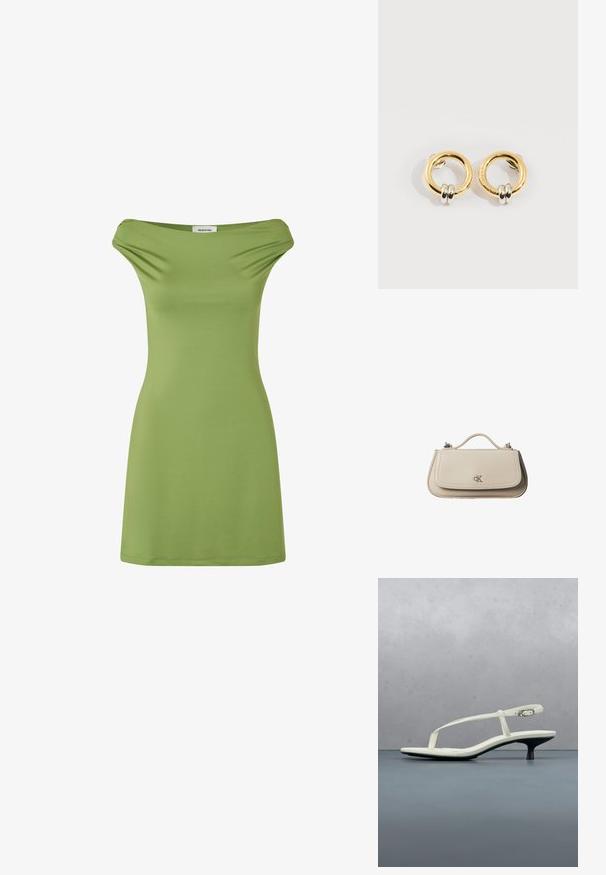 Groene off-the-shoulder jurk van zacht, rekbaar materiaal. Eenvoudig ontwerp, aansluitende snit en middellange lengte tot de bovenbenen. Glad textuur.; Witte sandaal met smalle bandjes en kitten heel, met een spitse neus, zwevend boven een houten tegelvloer buiten, met op de achtergrond een wazige plant en muur.; Kleine beige leren handtas met bovenhandvat en zilveren CK-logo op de voorflap, getoond tegen een witte achtergrond.; Gouden ronde oorbellen met aan elke oorbel twee kleine zilveren ringetjes, met subtiele gegraveerde merknamen, geplaatst op een witte achtergrond.