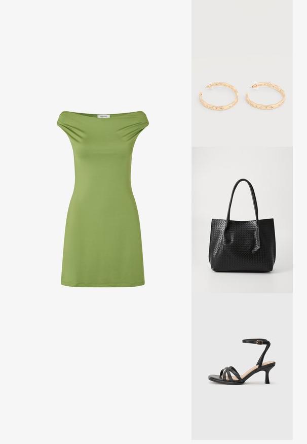 Groene off-the-shoulder jurk van zacht, rekbaar materiaal. Eenvoudig ontwerp, aansluitende snit en middellange lengte tot de bovenbenen. Glad textuur.; Zwarte sandalen met hakken, voorzien van meerdere dunne banden over de tenen, een enkele enkelband met een gouden gesp en een vierkante neus.; Zwarte geweven lederen totebag met twee handvaten, gestructureerde vorm en subtiele glanzende afwerking, tegen een eenvoudige lichte achtergrond.; Oorringen in goudkleur met een onregelmatig golfpatroon en ingelegde heldere kristalaccenten, bevestigd met achterkantjes van kunststof.