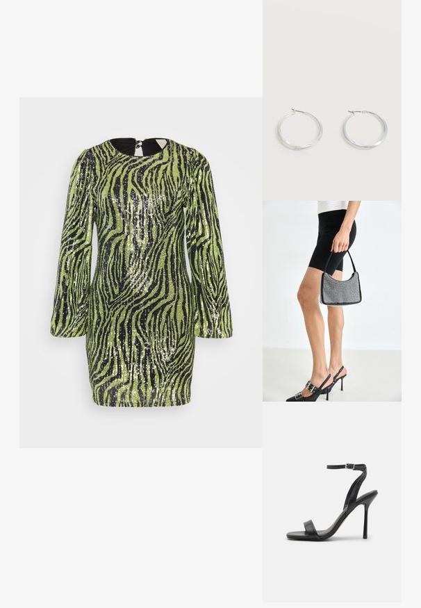 Pailletten mini-jurk in limoen groen met zwarte zebra-strepen. Heeft lange mouwen, een ronde halslijn en een rits aan de achterkant.; Zwarte hoge hakken sandaal met een slanke enkelband en twee voorste banden. Gemaakt van soepel leer met een slanke puntneus en een stiletteloze hak.; Zwarte beaded handtas met een gebogen silhouet, draaghandvat en glanzende textuur. Draagt bij hoge zwarte hakken en strakke zwarte shorts.; Zilverkleurige metalen creolen oorbellen met een glad, licht gebogen oppervlak en sluitingen met haaksluiting op een effen witte achtergrond.