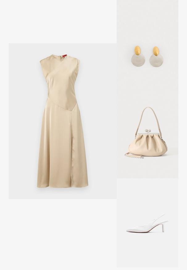 MAX&Co. LEGUME - Hverdagskjole - ecru; Hvid læder slingback damesko med spids tå, lav kittenhæl og lille dekorativ sløjfe på toppen, vist i sideprofil.; Beige blød læderhåndtaske med en sølv metalramme-lukning, enkelt skulderstrop og en valgfri kæderem på en hvid baggrund.; Guld- og sølvmetalløreringe med en rund skivebund og et ovalt topstykke, glat tekstur og poleret finish.