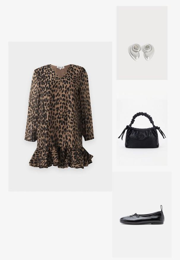 Leopardprintjurk met een V-hals, lange mouwen en een uitlopende ruffle zoom. Gemaakt van een gladde stof in bruine en zwarte tinten.; Zwarte gepoetste leren balletschoenen met een ronde neus, een klein strikje en een gladde textuur; heeft een lage platte zool en een lusje aan de hiel.; Zwarte handtas met krokodillenstructuur, geplooide bovenrand, samengevoerde handgreep en koordtassels aan elke kant tegen een witte achtergrond.; Paar glanzende zilverkleurige metalen oorbellen met een spiraalvormig ontwerp en een cirkelvormige steen in het midden op een effen witte achtergrond.