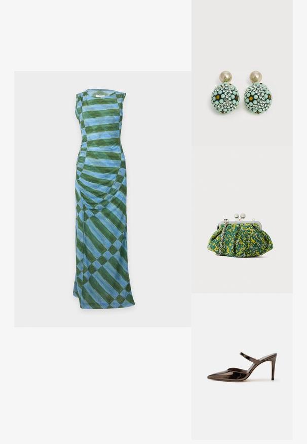 Robe longue sans manches avec détails froncés, présentant de larges rayures diagonales bleues et vertes formant un motif à carreaux.; Mule à talon haut marron foncé brillant à bout pointu avec une fine bride sur le coup de pied sur fond blanc uni.; Sac pochette en tissu vert avec motif floral jaune et bleu, monture en métal argenté et bandoulière chaîne. Le design plissé ajoute de la texture.; Boucles d'oreilles clous ronds avec de grands dessus en perle et des gouttes sphériques recouvertes de strass vert menthe, ambre et transparent.