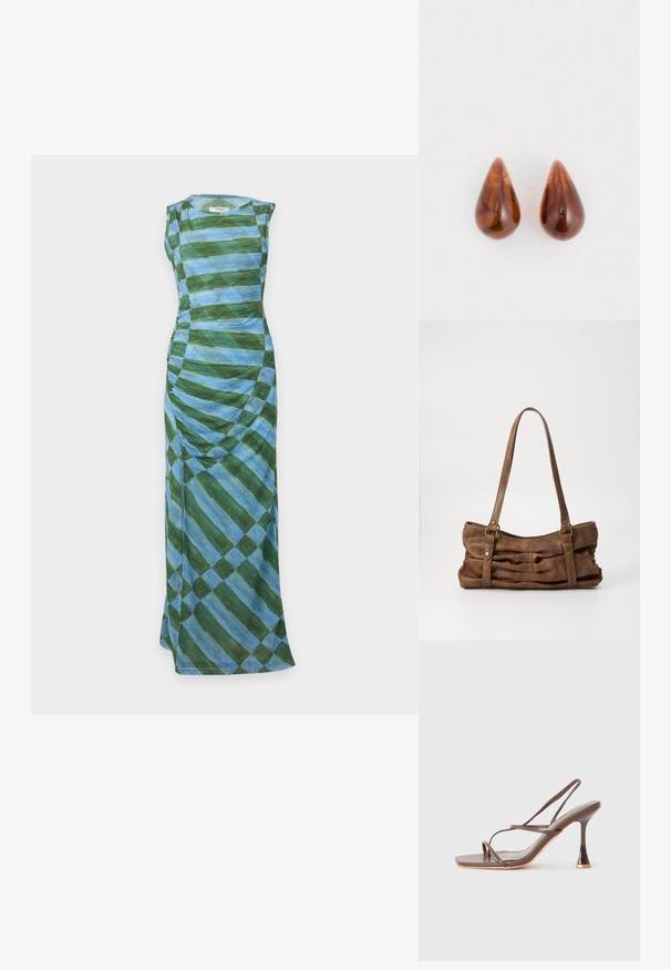 Robe longue sans manches avec détails froncés, présentant de larges rayures diagonales bleues et vertes formant un motif à carreaux.; Sandale à talon haut marron à brides, avec un bout carré, des brides élégantes, une finition brillante et un talon courbé distinct.; Even&Odd Sac à main - brown; Une paire de boucles d'oreilles en forme de goutte d'eau, brillantes et marron, avec de subtils motifs plus foncés, sur un fond blanc.