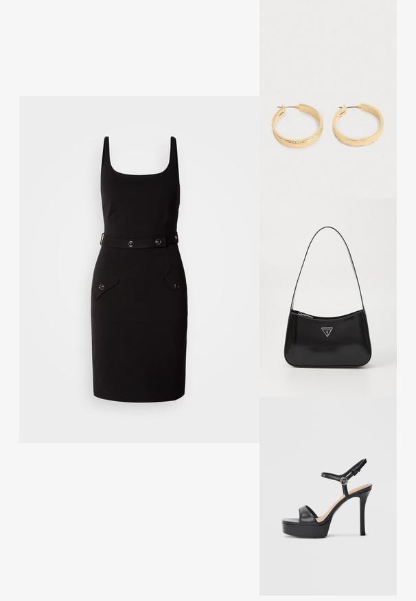 Zwarte getailleerde jurk met een vierkante halslijn, verstelbare riem met ronde hardware en twee voorzakken met afgeronde kleppen.; Zwarte platformsandalen met een hoge naaldhak, voorzien van een glad leren bovenkant, een peep-toe ontwerp en een verstelbare enkelriem met beslag.; Zwarte lakleren schoudertas met een gebogen vorm, voorzien van een zilveren driehoeklogo en een ritssluiting. Gladde textuur en slanke schouderband.; Een paar gouden hoepel oorbellen met een rij kleine kristallen langs de buitenrand, getoond op een effen lichte achtergrond.
