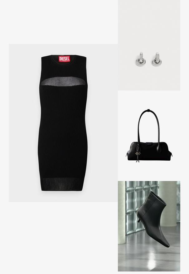 Robe sans manches noire avec texture côtelée, présentant une découpe semi-transparente au niveau de la poitrine. L'étiquette indique "DIESEL" en rouge gras.; Bottine en cuir noir à bout pointu et petit talon kitten, présentée en angle devant un sol poli et un mur en blocs de verre.; Sac à main en cuir noir Calvin Klein avec de longues anses, une étiquette logo à l'avant et un charme géométrique argenté suspendu à une anse.; Paire de petites boucles d'oreilles créoles argentées brillantes avec une base ronde, présentées sur un fond clair uni.