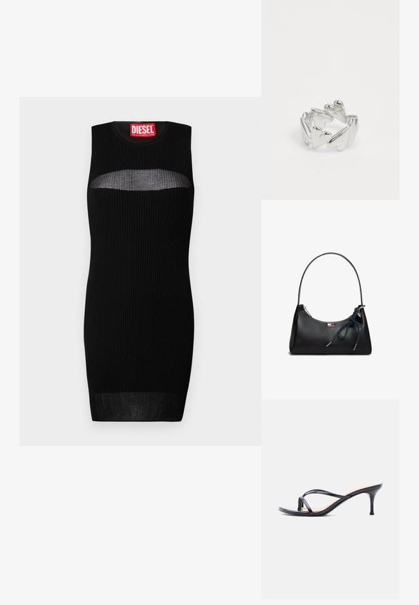 Robe sans manches noire avec texture côtelée, présentant une découpe semi-transparente au niveau de la poitrine. L'étiquette indique "DIESEL" en rouge gras.; Sandale à talon en cuir verni noir avec fines lanières croisées et talon aiguille moyen et élancé sur fond blanc.; Sac à main en cuir noir avec une seule anse, une fermeture éclair argentée, une corde bleue nouée en nœud papillon et un petit logo rectangulaire sur le devant.; Avgvst HEARTS - Bague - silver coloured