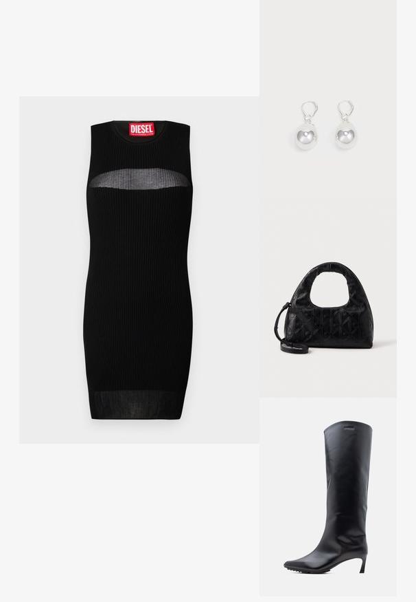 Schwarzes ärmelloses Kleid mit gerippter Textur, das einen semi-transparenten Ausschnitt an der Brust hat. Das Etikett trägt "DIESEL" in fettroter Schrift.; Knielanger schwarzer Lederstiefel mit spitzer Zehe und schlankem, hohem Absatz. Glatte Textur mit minimaler Hardware und Markenlogo in der Nähe des oberen Randes.; Schwarze Lederhandtasche mit einem geschwungenen Schultergriff, subtilen Rautenmuster und einem abnehmbaren Schulterriemen. Die Textur ist glatt mit geprägten Details.; Silberne Tropfenohrringe mit glatten, runden, reflektierenden Oberflächen, die an Hakenverschlüssen hängen. Der Hintergrund ist reinweiß.