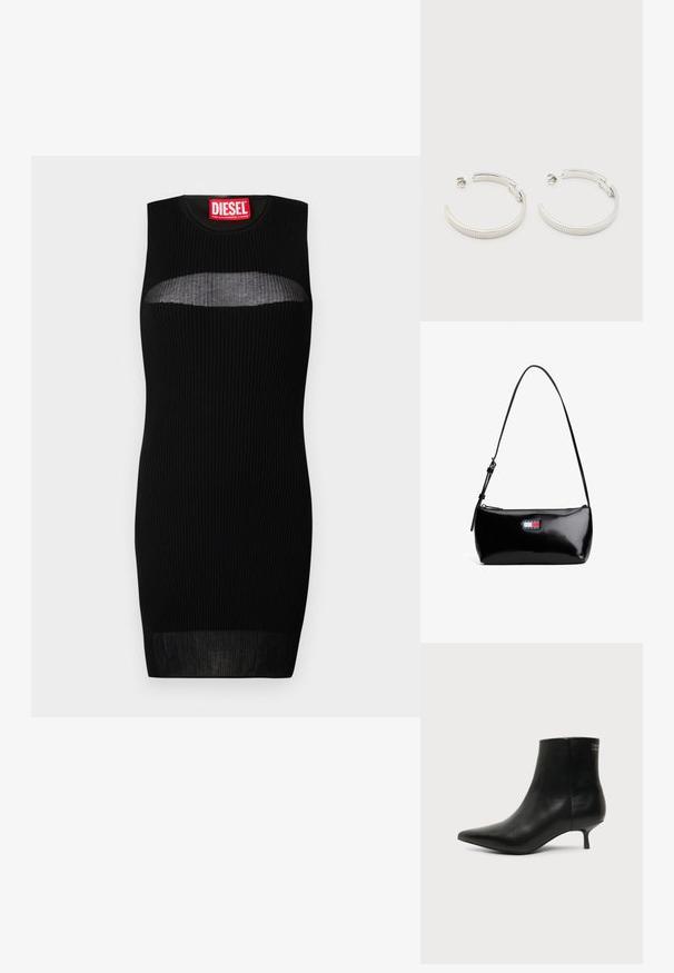 Schwarzes ärmelloses Kleid mit gerippter Textur, das einen semi-transparenten Ausschnitt an der Brust hat. Das Etikett trägt "DIESEL" in fettroter Schrift.; Schwarzer Leder-Knöchel-Stiefel mit spitzer Spitze und niedrigem Kittenabsatz vor hellem Hintergrund, seitliche Ansicht.; Schwarze Lackleder-Schultertasche mit einem gebogenen Tragegurt, Reißverschlussverschluss und einem rechteckigen Logopatch in Rot, Weiß und Blau.; Ohrstecker in Silberoptik, halbkreisförmig mit geriffelter Textur und Steckverschlüssen, auf weißem Hintergrund.