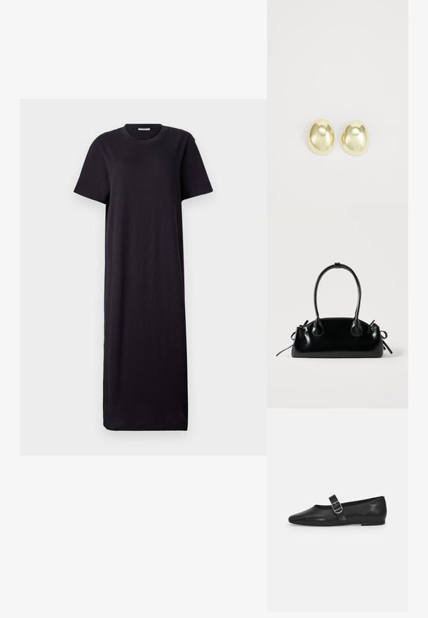 Robe maxi noire à manches courtes, en tissu doux ; présente un col rond et une silhouette droite et ample avec un ourlet au niveau de la cheville.; Chaussure plate en cuir noir avec un bout arrondi, une seule sangle réglable à boucle et une texture lisse et brillante. Design minimaliste avec un petit talon.; Petit sac à main noir brillant avec deux longues anses et des détails à cordon sur les côtés sur un fond clair uni.; Boucles d'oreilles en métal doré avec une forme lisse et arrondie et une finition polie. Design simple sans embellissements supplémentaires.