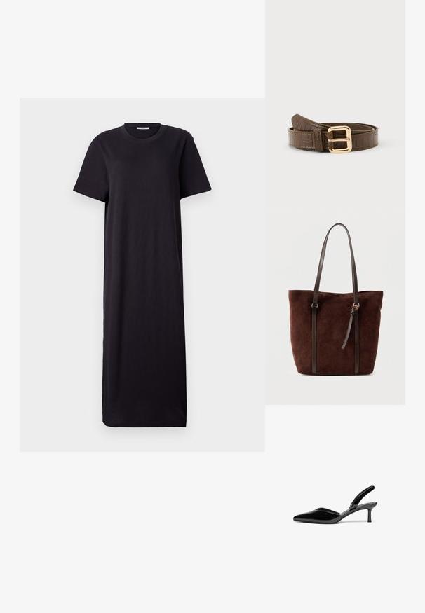 Zwarte maxi jurk met korte mouwen gemaakt van zachte stof; heeft een ronde hals en een losse, rechte silhouwet met een enkellange zoom.; Zwarte gepolijste leren slingback hakken met een puntige neus, een lage stiletto hak en een elegant, eenvoudig ontwerp zonder versieringen.; Donkerbruine suède tas met lange smalle leren handvatten en een kleine leren kwast op een gladde achtergrond.; Bruine leren riem met krokodillenpatroon en gouden rechthoekige gesp, opgerold op een witte achtergrond.