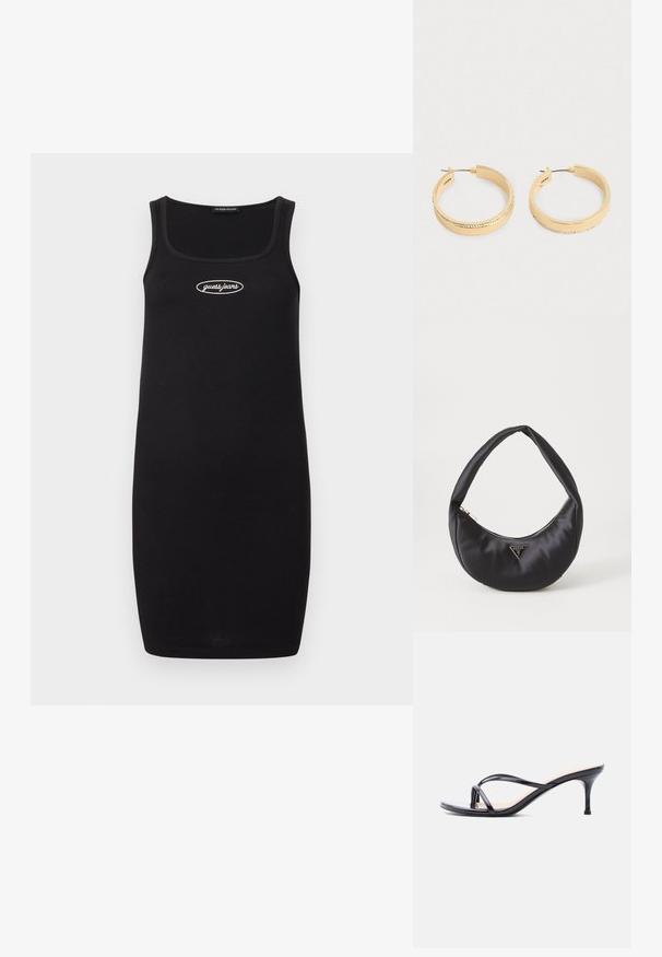 Schwarzes, geripptes Tankkleid mit einem quadratischen Ausschnitt, auf dem die weiße "guess jeans"-Logoschrift zentral auf der Brust prangt. Einfaches und tailliertes Design.; Schwarze Peeptoe-Sandale aus Lackleder mit dünnen, gekreuzten Riemen und einem schlanken, mittelhohen Stilettoabsatz vor weißem Hintergrund.; Schwarze Satin-Handtasche mit geschwungener Form, ausgestattet mit einem Reißverschluss und einem dreieckigen Metallsymbol auf der Vorderseite. Glatte Textur und elegantes Design.; Ein Paar goldfarbene Creolen mit einer Reihe kleiner Kristalle entlang der äußeren Kante, auf einem schlichten hellen Hintergrund dargestellt.