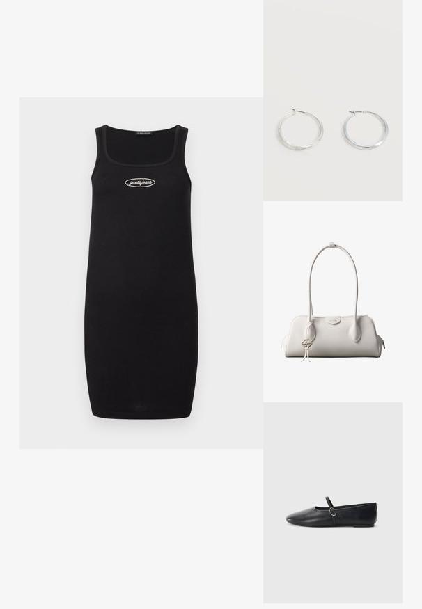 Schwarzes, geripptes Tankkleid mit einem quadratischen Ausschnitt, auf dem die weiße "guess jeans"-Logoschrift zentral auf der Brust prangt. Einfaches und tailliertes Design.; Schwarze Leder-Ballettschuhe mit spitzem Schuhzeug, flacher Sohle und einem kleinen Riemen mit silberner Schnalle.; Weiße Calvin Klein Schultertasche mit langen Griffen, rechteckiger Form, Reißverschluss und dekorativem Logo-Anhänger, der in der Nähe des Griffs hängt.; Silberne Metallcreolen mit glatter, leicht gebogener Oberfläche und Klappverschluss vor schlicht weißem Hintergrund.