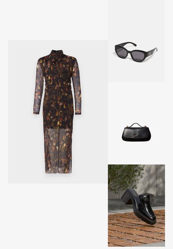 Langärmliges, transparentes Kleid mit floralem Muster in dunklen Tönen, das einen hohen Ausschnitt und Raffung entlang des Körpers für eine taillierte Silhouette aufweist.; Schwarze Leder-Slip-on-Mule von Calvin Klein mit Blockabsatz, die auf Holzfliesen im Freien nahe einer grünen Pflanze und einer grauen Wand ruht.; Schwarze Sonnenbrille mit einem schlanken, kantigen Design, dunklen Gläsern und einem kontrastierenden silbernen Logo an der Seite. Glatte Kunststoffoberfläche.; Schwarze Lederhandtasche mit kleinem Griff, goldfarbenem "cK" Logo auf der Frontklappe und goldfarbenen Hardware-Akzenten.