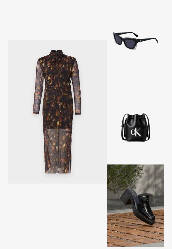 Pikad varrukad, läbinägematu kleit tumehallit floralise mustriga, millel on kõrge kaelus ja kehas rüüd, et saavutada liibuv siluett.; Mustast nahast Calvin Kleini slip-on mules, millel on plokk-konts, toetub puitplaatidele õues, lähedal rohelisele taimele ja hallile seinale.; Mustad suured mustad prillid geomeetrilise kujuga, tumedate läätsedega ja kontrastse halli detailiga raamidel. Logo käe peal.; Mustast nahast bucket-kott lipsuga peal ja valge "cK" logoga esiküljel, millel on reguleeritav õlarihm.