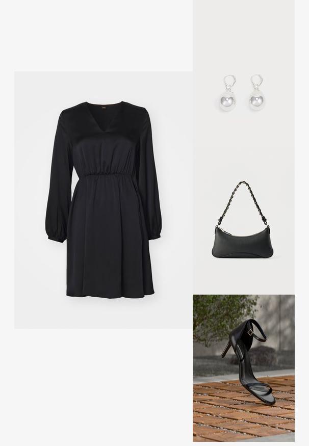 Robe en satin noir avec un décolleté en V, des manches bouffantes longues et une taille cintrée. Texture lisse, design fluide, ourlet au genou.; Sandale noire à talon haut avec sangle à la cheville, suspendue au-dessus d'un sol en carreaux de bois à l'extérieur, avec un arrière-plan flou de verdure et de pierre.; Sac à bandoulière en cuir noir de forme rectangulaire incurvée, avec une chaîne dorée tissée dans la bandoulière noire tressée et une fermeture éclair sur le dessus.; Boucles d'oreilles en argent en forme de goutte avec des surfaces lisses, rondes et réfléchissantes, suspendues à des fermoirs à ressort. L'arrière-plan est blanc uni.
