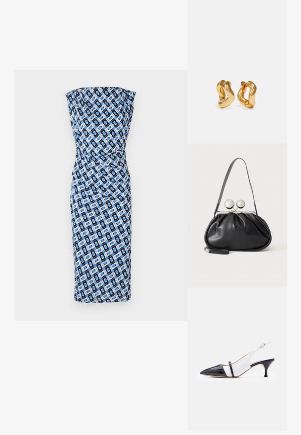 Tætsiddende, stropløs kjole i sort, blå og hvid geometrisk mønster. Glat stof med en rynket design ved taljen. Knælængde stil.; Sort og hvid spids slingback sko med lav kittenhæl og en tynd rem hen over vristen med en lille spænde.; Sort læderhåndtaske med opsamlet design, en enkelt rem, sølv metalramme og to store runde sølv lukninger.; Guldtonede hoops øreringe med et bølget design, der har en glat, blank overflade og en strømlinet form. Ingen synlige spænder.