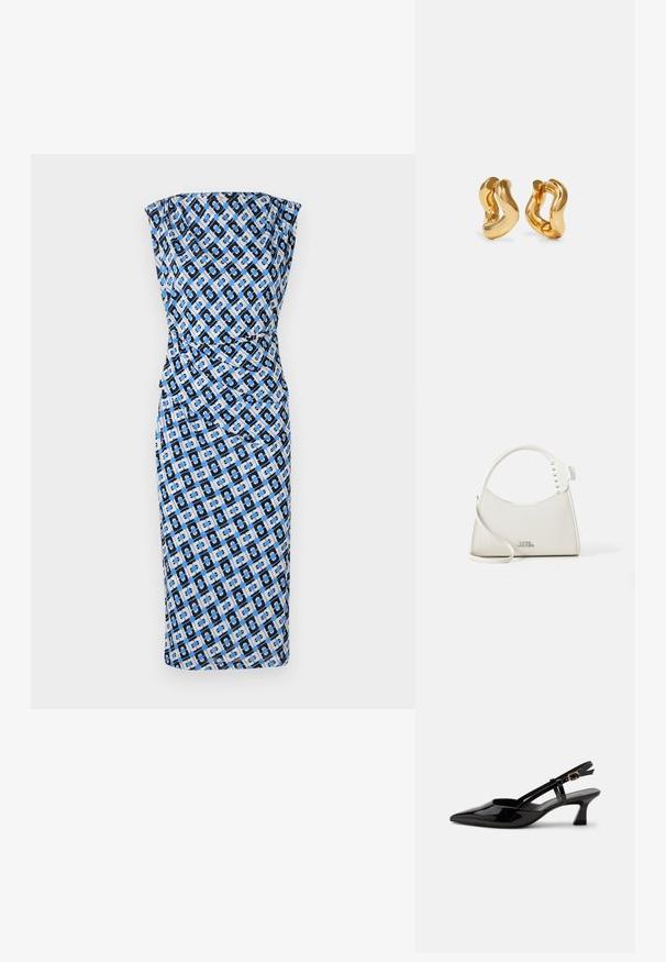 A-linjainen, olkaimeton mekko mustassa, sinisessä ja valkoisessa geometrisessä kuosissa. Sileä kangas ja kerroksellinen muotoilu vyötäröllä. Polvipituinen malli.; Musta patenttinen nahka slingback-kengänpohja terävällä kärjellä ja säädettävällä kultaisella solkisella remmillä valkoisella taustalla.; Valkoinen nahkakäsilaukku, jossa on kaareva muoto ja johon on kiinnitetty pieniä valkoisia niittejä kahvan varrelle. Tässä laukussa on pitkäolkaimet ja kohokuvioitu logo edessä.; Kultakylkiset korvarenkaat aaltoilevalla muotoilulla, joissa on sileä, kiiltävä pinta ja virtaviivainen muoto. Ei näkyviä kiinnityksiä.
