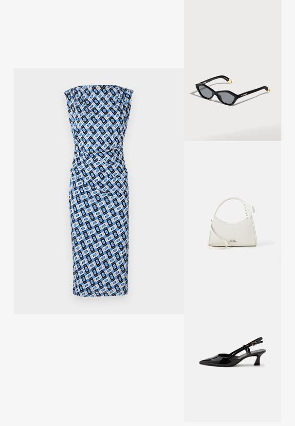 Vestido ajustado, sin tirantes, en un patrón geométrico negro, azul y blanco. Tejido suave con un diseño fruncido en la cintura. Estilo hasta la rodilla.; Zapato slingback de charol negro con tacón bajo, punta puntiaguda y correa ajustable con hebilla dorada sobre fondo blanco.; Gafas de sol negras de ojo de gato con lentes oscuras, detalles dorados en las varillas y el nombre de la marca Jacquemus en el lateral.; Bolso de cuero blanco con forma curva, decorado con pequeñas tachuelas blancas a lo largo de la asa. Presenta una correa larga y un logo en relieve en la parte frontal.