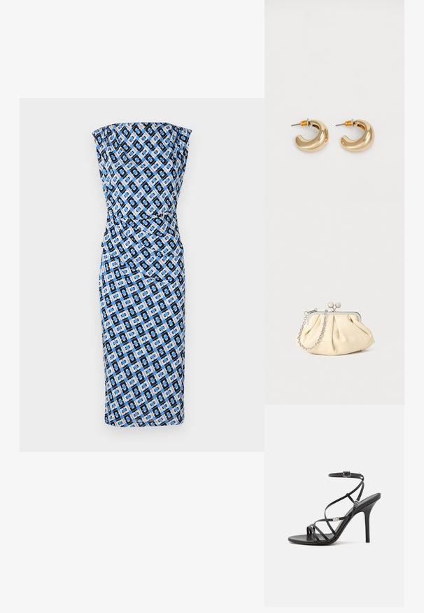 Tailliertes, trägerloses Kleid in Schwarz, Blau und mit geometrischem Muster in Weiß. Glatter Stoff mit gerafftem Design an der Taille. Knielanger Stil.; Schwarze High-Heel-Sandale mit dünnen Riemen, einem Knöchelverschluss, einer glatten Lederoberfläche und einem schlanken Stiletto-Absatz.; Faltige beigefarbene Ledertasche mit einem silbernen Metallrahmen, ausgestattet mit zwei runden dekorativen Verschlüssen und einem silbernen Kettenriemen.; Zwei glänzende goldene Creolen in einem geschwungenen Design mit orangefarbenen Akzenten nahe dem Stecker, vor einem schlichten weißen Hintergrund.