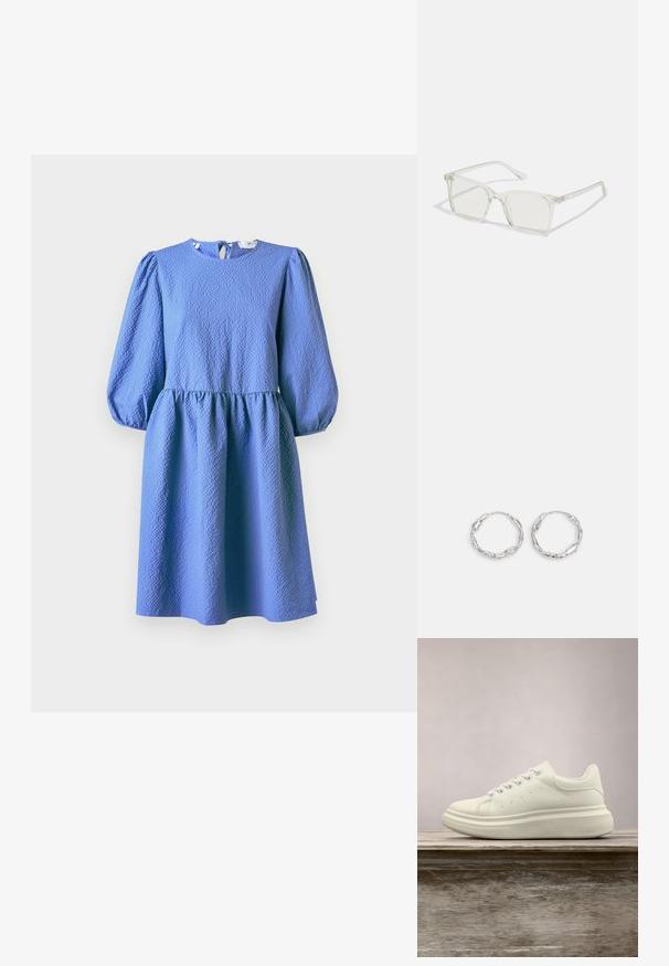 Sinine tekstuuriga kleit ümmarguse kaelusega, puffpulkadega ja kogutud vöökoht. Selja küljes on avamine ja nööbiga sulgemine.; Valge nahast vabaajajalats ümmarguse näpunihkega, sileda tekstuuriga ja kontrastsete paeltega. Omab ventilatsiooniauke ja paksu kummist tallaga mugavuse tagamiseks.; Selge plastmassist ruudukujulised prilliraamid koos läbipaistvate läätsedega, millel on kuldsed aktsendid templitel, et lisada detaile.; Hõbedased rõngaskõrvarõngad, millel on lainejoonega ebaühtlane tekstuur. Omavad õhukest, ümmargust kuju ja peegeldavat pinda.