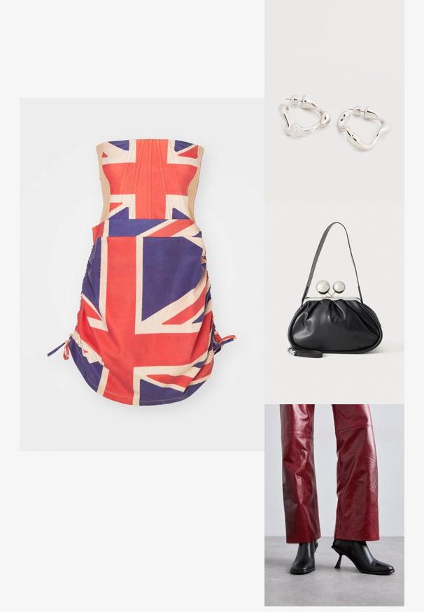 Strapless kjole med et Union Jack print i rød, hvid og blå. Den har samlede sider med bånd og et tætsiddende liv.; Sorte ankelstøvler med højhælede og spidse tæer, i en vinkelret design, parret med højtaljede røde læderbukser med et subtilt mønster.; Sort læderhåndtaske med opsamlet design, en enkelt rem, sølv metalramme og to store runde sølv lukninger.; Øreringe i sølvfarvet tone med uregelmæssig form og bagerste lukning med stift, placeret på en ensfarvet hvid overflade.
