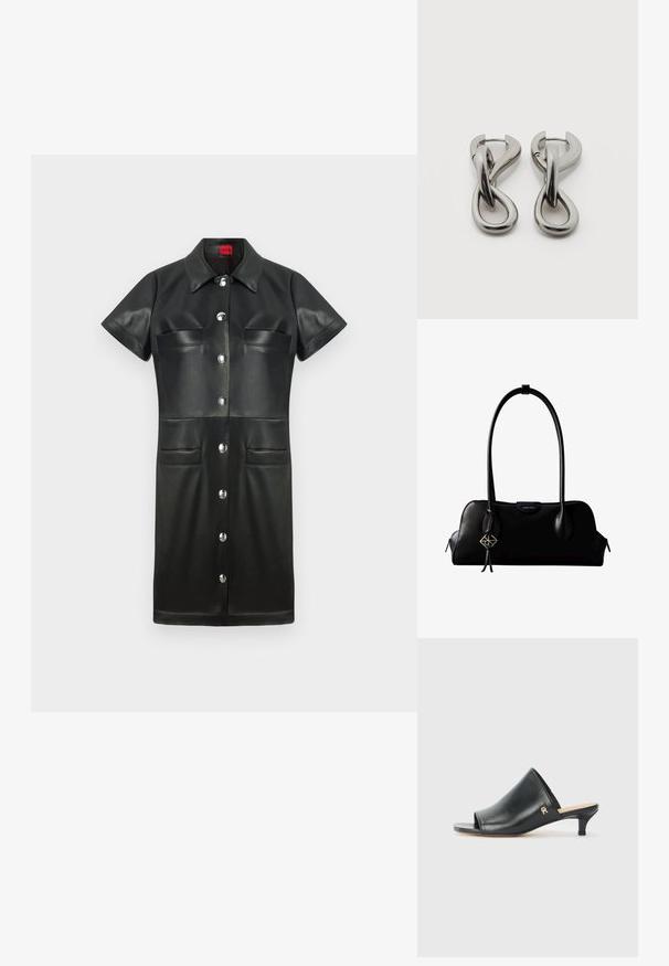 Robe en cuir noire avec des manches courtes, un col, une fermeture à boutons sur le devant et deux poches poitrine. Présente des accessoires en métal argenté et une texture lisse.; Mules ouverts en cuir noir avec un talon bas. Présentent une surface lisse et un accent logo doré sur le côté.; Sac à main en cuir noir Calvin Klein avec de longues anses, une étiquette logo à l'avant et un charme géométrique argenté suspendu à une anse.; Paire de boucles d'oreilles en métal argenté avec un motif abstrait d'anneaux entrelacés sur fond blanc.
