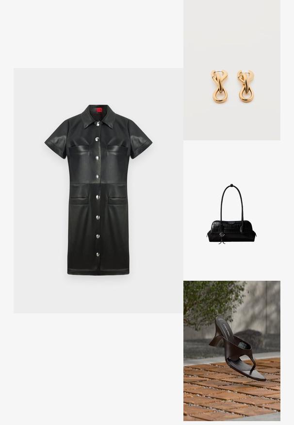 Vestido de cuero negro con mangas cortas, cuello, cierre de botones en la parte delantera y dos bolsillos en el pecho. Presenta herrajes de plata y una textura suave.; Sandalia de tiras con tacón marrón de Calvin Klein suspendida sobre suelo exterior de loseta de madera y grava, con fondo desenfocado de vegetación y piedras.; Bolso de hombro negro de cuero con textura de cocodrilo, con correas largas y un pequeño colgante de logo plateado en una correa.; Par de pendientes de aro con acabado dorado brillante sobre fondo blanco liso, con diseño entrelazado y torsionado.