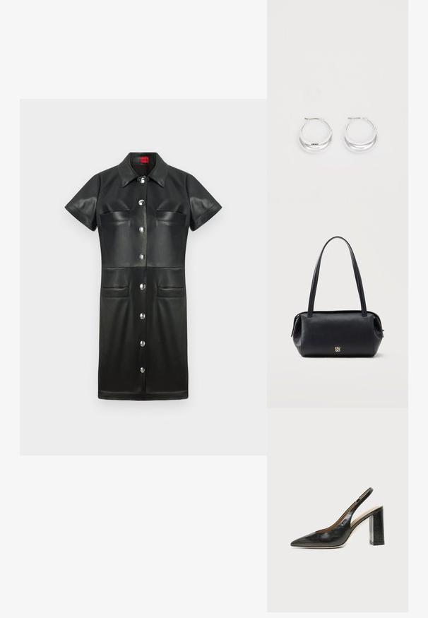 Vestido de cuero negro con mangas cortas, cuello, cierre de botones en la parte delantera y dos bolsillos en el pecho. Presenta herrajes de plata y una textura suave.; Zapato slingback de piel negra con puntera puntiaguda, tacón alto y ancho, y forro interior beige sobre un fondo claro y liso.; Bolso de hombro rectangular de piel negra con correas largas y pequeño logo dorado "HUGO" en el centro delantero.; Pendientes de aro de plata con un acabado pulido y la marca DKNY, exhibidos sobre un fondo blanco liso.
