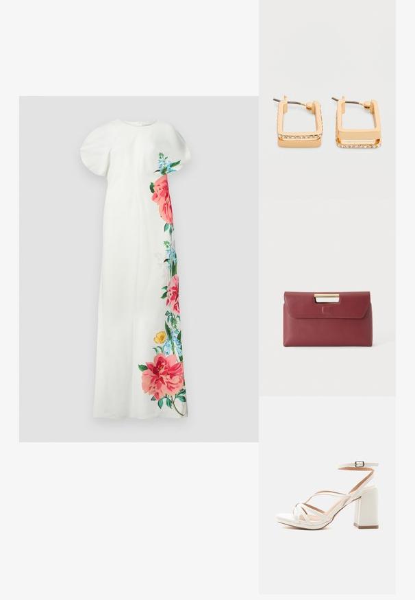 Witte bloemenjurk met korte mouwen, met een kleurrijk bloemenontwerp in roze, blauw en groen aan één kant. Glad stof, rechte pasvorm.; Witte sandaal met open teen en blokhak, gekruiste bandjes en een enkelgesp op een effen lichtgrijze achtergrond.; Rechthoekige kastanjebruine leren clutchtas met bovenklep en gouden rechthoekige handgreep uitsparing.; Goudkleurige vierkante oorbellen met één zijde bezaaid met kleine, heldere strass-steentjes, vastgezet met een pinnetje aan de achterkant.