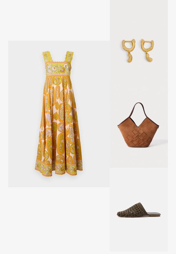 Maxi kjole i livlige orange og gule polyester med paisley mønster. Har skællede stropper og dekorativt trim langs udskæringen og kanten.; Brun vævet slip-on mule med flad sål og lukket rundet tå på hvid baggrund.; Brun ruskindshåndtaske med geometriske lappearbejdsdetaljer og et enkelt mørkebrunt håndtag, vist på en ensartet lys baggrund.; Et par små øreringe i guldfarve med uregelmæssigt bønneformede vedhæng, der hænger fra hver hoop på en neutral baggrund.