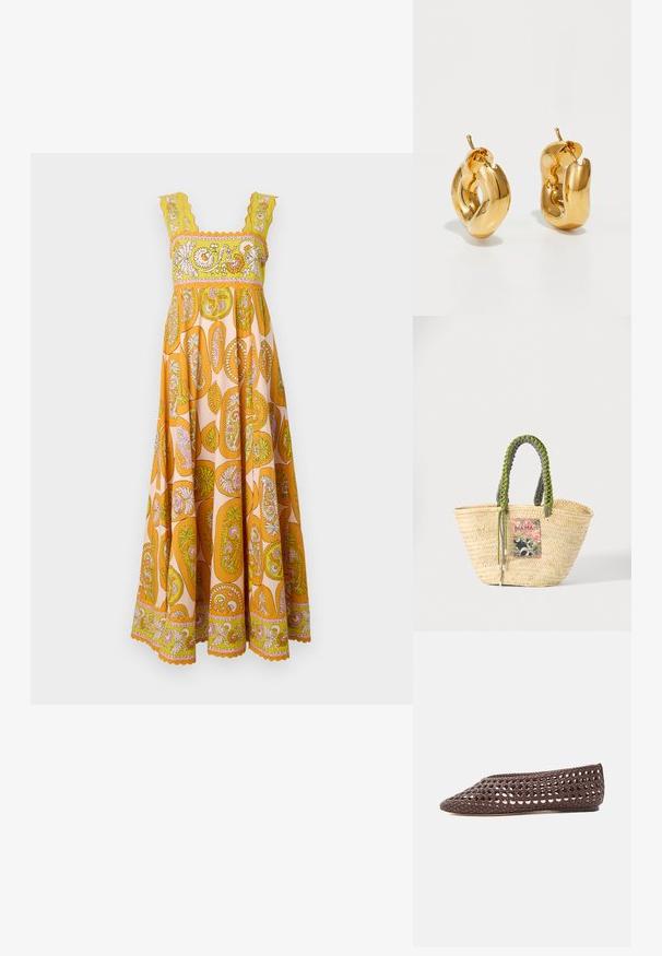 Maxi-jurk in levendig oranje en gele polyester met paisleypatroon. Beschikt over gekartelde bandjes en decoratieve afwerking langs de halslijn en zoom.; Bruine platte schoen met geweven opengewerkt ontwerp en gesloten afgeronde neus, zijaanzicht op een lichte achtergrond.; Geweven beige strooien tas met gevlochten groene en zwarte handvatten en een kleurrijke rechthoekige patch aan de voorkant.; Dik gouden creolen met een licht gedraaide, buisvormige ontwerp en een schroefsluiting op een witte achtergrond.