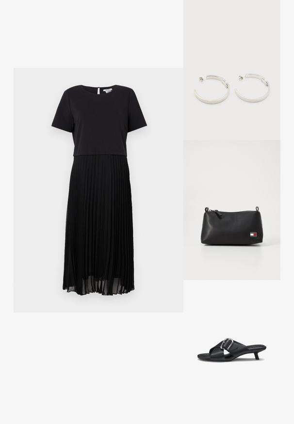 Schwarzes Kleid mit einem kurzärmligen Oberteil und einem gefältelten Rock. Glattes Material im oberen Bereich und strukturierte, fließende Falten im unteren Bereich. Rückenschlitz mit Schlüssellochverschluss.; Schwarze Ledersandale zum Hineinschlüpfen mit niedrigem Kittenabsatz, breiten, kreuzweise verlaufenden Riemen und einer großen silbernen Schnalle an der Seite.; Schwarze Kosmetiktasche mit glatter Textur, runder Form, Reißverschluss und einem kleinen Logo-Patch mit rot-weißen und blauen Akzenten.; Ohrstecker in Silberoptik, halbkreisförmig mit geriffelter Textur und Steckverschlüssen, auf weißem Hintergrund.