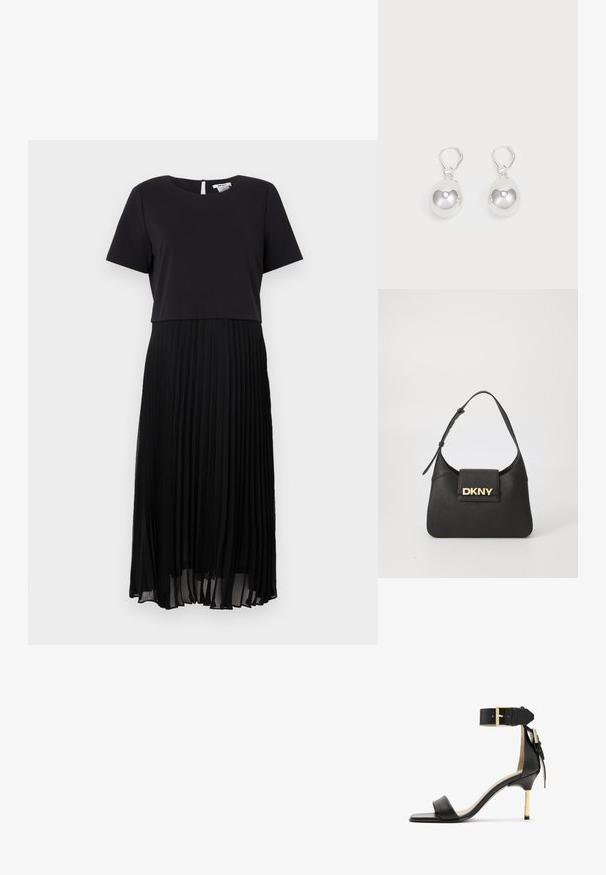 Vestido negro con un top de mangas cortas y falda plisada. Tejido suave en la parte superior y plisados texturizados y fluidos abajo. Cierre en forma de ojal en la parte posterior.; Sándal de tacón de cuero negro con punta cuadrada, correa en el tobillo con hebilla dorada y un tacón metálico esbelto. Textura suave, diseño minimalista.; Bolso de hombro de cuero negro con una forma estructurada, que presenta un logo dorado "DKNY" en el frente y una correa corta y ajustable.; Pendientes de plata en forma de gota con superficies redondas y reflectantes colgando de cierres de palanca. El fondo es blanco liso.
