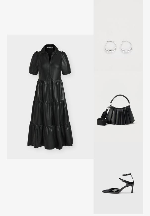 Robe midi noire en similicuir avec manches courtes bouffantes, boutonnage sur le devant, jupe à volants et col pointu.; Talons en cuir verni noir avec un bout pointu, des sangles de cheville ajustables et un talon fin. Texture lisse avec une finition brillante.; Sac à main noir en cuir plissé avec poignée courte et bandoulière large en tissu détachable sur fond blanc.; Boucles d'oreilles en argent avec une finition polie et un branding DKNY, présentées sur un fond blanc uni.