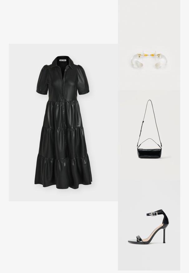 Robe midi noire en similicuir avec manches courtes bouffantes, boutonnage sur le devant, jupe à volants et col pointu.; Sandale à talon haut en cuir verni noir avec bride à la cheville. Présente un design minimaliste, un bout ouvert et une boucle ornée de strass.; Sac bandoulière rectangulaire en cuir noir avec bandoulière ajustable, fermeture éclair sur le dessus et petit logo Calvin Klein doré sur le devant.; Boucles d'oreilles en acrylique transparent avec accents dorés, présentant un design incurvé et un fermoir transparent. Texture lisse, style minimaliste.