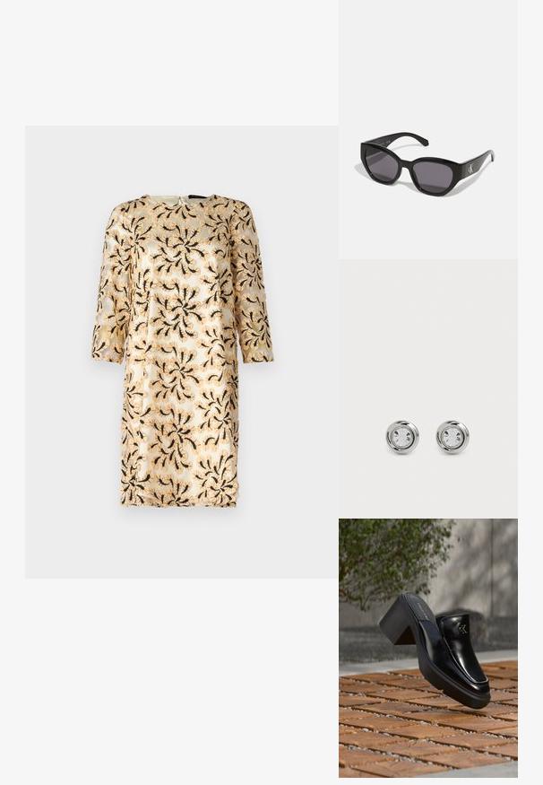 Besticktes Kleid mit 3/4-Ärmeln, das ein florales schwarzes Muster auf einem hellbeigen, durchsichtigen Stoff zeigt. Rundhalsausschnitt, knielang.; Schwarze Leder-Slip-on-Mule von Calvin Klein mit Blockabsatz, die auf Holzfliesen im Freien nahe einer grünen Pflanze und einer grauen Wand ruht.; Schwarze Sonnenbrille mit einem schlanken, kantigen Design, dunklen Gläsern und einem kontrastierenden silbernen Logo an der Seite. Glatte Kunststoffoberfläche.; Silberne Metalldorn-Ohrstecker mit runden klaren Kristallen, die eine glatte, polierte Oberfläche und ein kreisförmiges Design mit dezenten, erhöhten Kanten aufweisen.