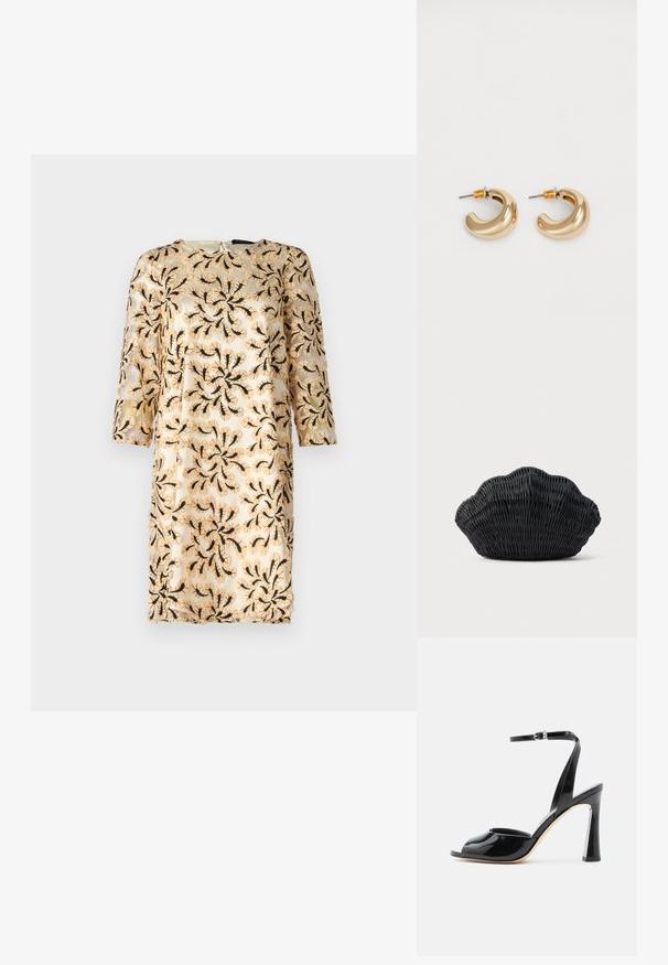 Vestido bordado con mangas tres cuartos, que presenta un patrón floral negro sobre una tela ligera de color beige claro. Cuello redondo, largo hasta la rodilla.; Sandalia de tacón alto de charol negro con puntera abierta y fina correa de tobillo con hebilla sobre fondo blanco.; Bolso de mimbre negro con forma de concha de vieira con parte superior curva y textura tejida sobre un fondo liso.; Dos pendientes de aro dorados brillantes en un diseño curvado, con acentos naranjas cerca del poste, sobre un fondo blanco liso.