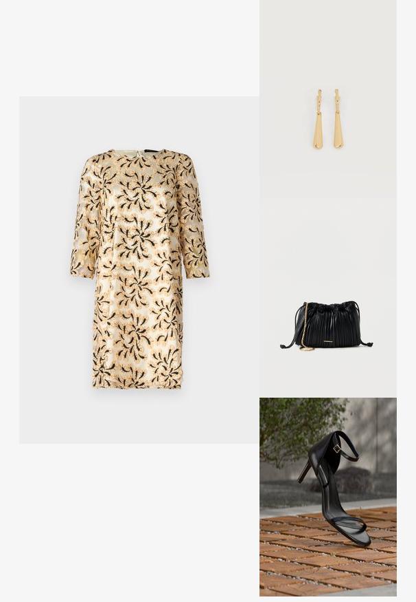 Vestido bordado con mangas tres cuartos, que presenta un patrón floral negro sobre una tela ligera de color beige claro. Cuello redondo, largo hasta la rodilla.; Sandalia negra de tacón alto con correa en el tobillo, parece suspendida sobre un suelo de baldosas de madera al aire libre, con un fondo difuminado de vegetación y piedra.; Bolso de mano negro de cuero plisado con cordón ajustable, cadena dorada como asa y un pequeño detalle horizontal dorado en la parte frontal.; Pendientes colgantes en tono dorado con colgantes alargados y suaves en forma de lágrima, colgando de cierres de aros pequeños sobre un fondo blanco.