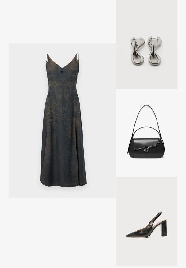 Vestido de mezclilla con escote en V, tirantes finos y falda acampanada. El material tiene un color azul oscuro desvaído, que revela sutiles variaciones en la textura.; Zapato slingback de piel negra con puntera puntiaguda, tacón alto y ancho, y forro interior beige sobre un fondo claro y liso.; Bolso de hombro de cuero negro con una solapa curva asegurada por un broche metálico redondo y una correa delgada y ajustable.; Par de pendientes de metal con acabado plateado y diseño abstracto de bucles entrelazados sobre un fondo blanco.