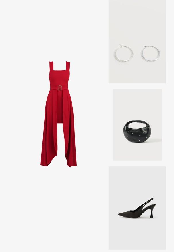 Rød kjole med firkantet udskæring, tætsiddende overdel, bredt bælte med rectangular spænde og en flydende, plisseret nederdel der hænger.; Sorte slingback hæle med spids tå, glat mat finish og en slank, blank hæl. Justerbar rem med lille spænde detaljer.; Sort læderhåndtaske med en rundet form, dekoreret med sølvnitter, og et kort håndtag. Glat tekstur og lynlåslukning.; Sølvfarvede metaloorringe med glat, let buet overflade og låsemekanisme på en ensfarvet hvid baggrund.