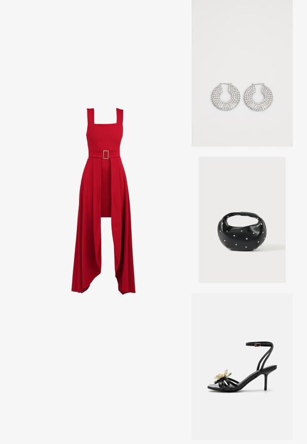 Rode jurk met een vierkante halslijn, aansluitende top, brede riem met een rechthoekige gesp, en een vloeiende, geplooide rok die soepel valt.; Zwarte sandaal met hoge hak en bandjes, enkelgesp en gouden metalen bloemdetail op het voorste bandje tegen een witte achtergrond.; Zwarte leren handtas met een afgeronde vorm, versierd met zilveren studs, en een korte handgreep. Gladde textuur en ritsluiting.; Zilveren hoepeloorbellen versierd met meerdere heldere kristalaccenten, met een gestructureerd oppervlak en een open cirkelvormig ontwerp.