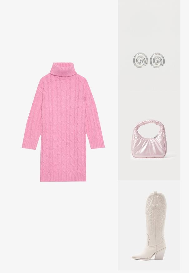 Robe en tricot torsadé rose avec col roulé haut, manches longues et poignets côtelés, affichant un motif texturé sur l'ensemble.; Bottine de cowboy en cuir blanc avec un bout pointu et un talon bloc. Présente des motifs de broderie complexes sur la tige et une texture lisse.; Sac à main rose rembourré avec un design arrondi, fabriqué à partir d'un matériau brillant. Dispose d'une poignée froncée et d'une fermeture éclair pour un accès sécurisé.; Paire de boucles d'oreilles en forme d'anneau spirale en argent avec un design lisse et arrondi sur fond blanc uni.