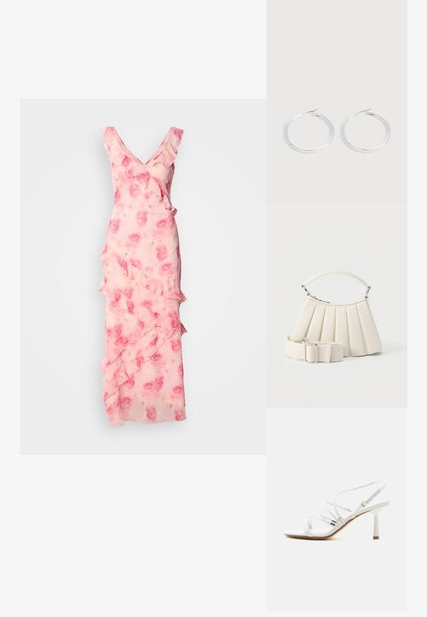 Vestido rosa con estampado floral y volantes en el escote y la falda. Tejido fluido, diseño de escote en V y silueta ajustada con detalles en capas.; Sandalia blanca de tacón alto con tiras finas, detalles plateados, puntera cuadrada y un tacón delgado de altura media sobre un fondo blanco liso.; Bolso blanco plisado con asa corta y una correa de hombro ancha y extraíble con textura y hebilla plateada.; Pareja de pendientes de aro plateados brillantes con cierres de alambre delgado, mostrados sobre un fondo gris claro.