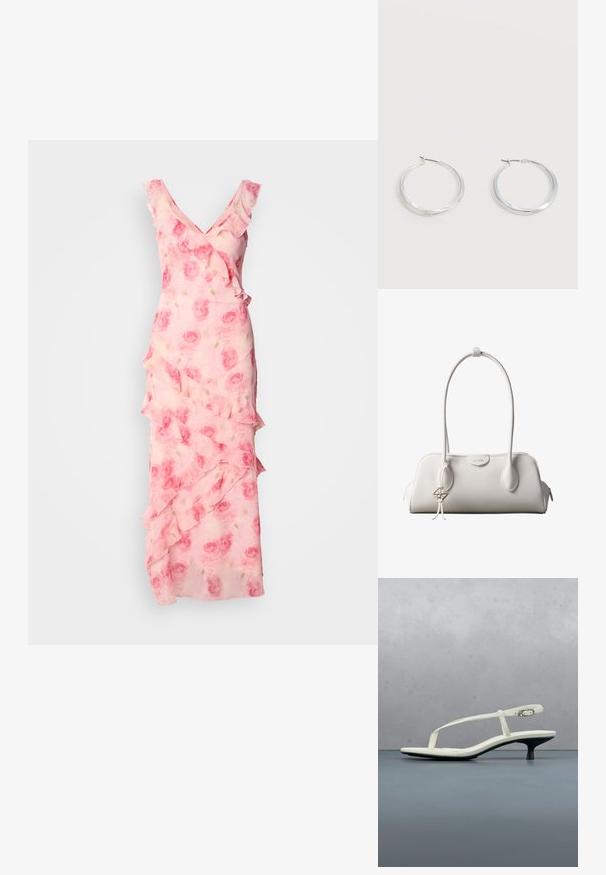 Robe rose à imprimé floral avec des volants le long de l'encolure et de la jupe. Tissu fluide, design en V et silhouette ajustée avec des détails en couches.; Sandale blanche à talon kitten avec des lanières et un bout pointu, flottant au-dessus d'un sol en carrelage en bois en plein air avec un arrière-plan flou de plante et de mur.; Sac à bandoulière blanc Calvin Klein avec longues poignées, forme rectangulaire, fermeture éclair et charm logo décoratif suspendu près de la poignée.; Boucles d’oreilles créoles en métal argenté avec une surface lisse légèrement incurvée et des fermoirs à clapet sur un fond blanc uni.